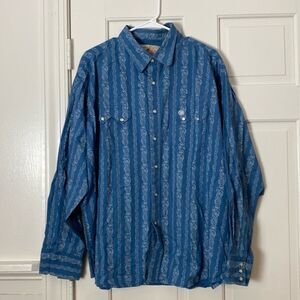 Wrangler American Cowboys Pearl Snap Paisley Western Shirt Men's XXL Blue